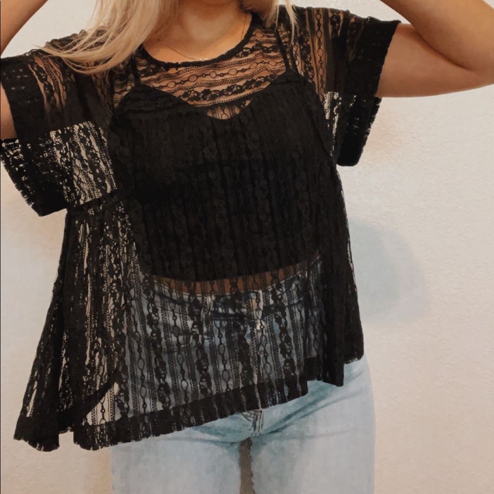 Free People Cropped Lace Flowy Tee Boho Black Size Small